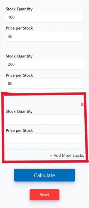 Stock Average Calculator interface with add more input fields for stock quantity and price