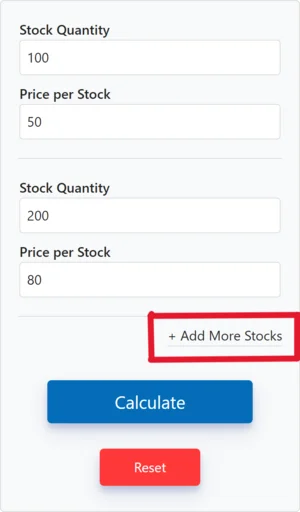 Stock Average Calculator interface with fields for stock quantity and price, calculate button, and add more stock input fields