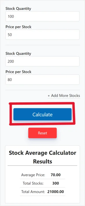 Stock Average Calculator interface with fields for stock quantity and price and calculate button