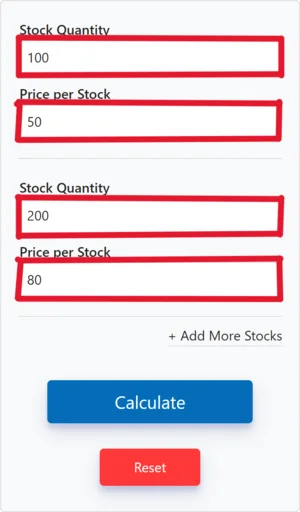 Stock Average Calculator interface showing input fields for stock quantity and price