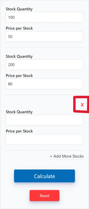 Stock Average Calculator interface with fields for stock quantity and price, calculate button, and remove icon