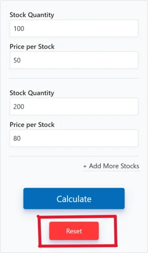 Stock Average Calculator interface with fields for stock quantity and price, calculate button, and reset button